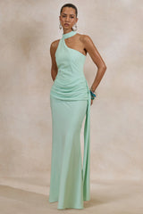 Aevina | Mint Satin Asymmetric-Neck Maxi Dress With Scarf-Detail