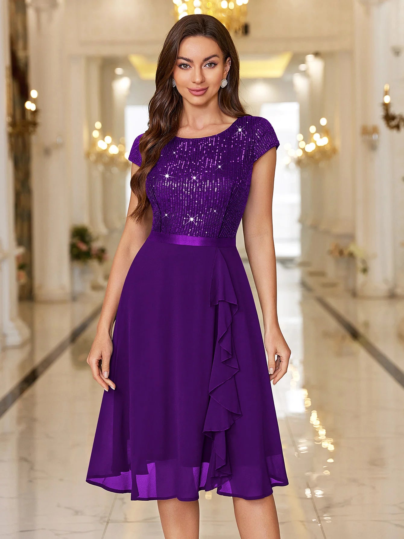 Sequin Lace Ruffle Trim Chiffon Cocktail Party Swing Dress for Weddings, Proms & Formal Events