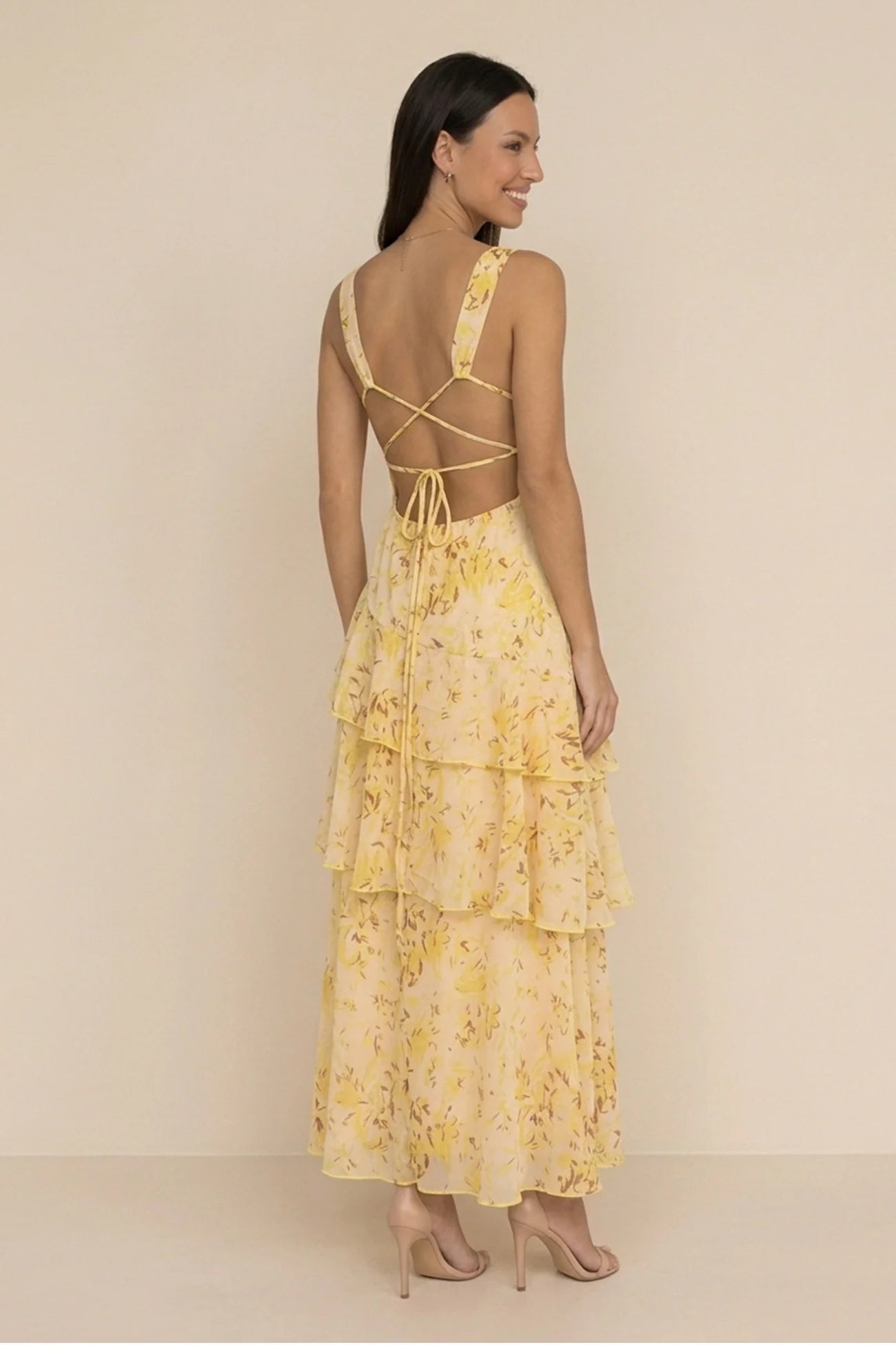 Floral Print Tie-up Back Chiffon Tiered Dress
