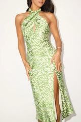 Beyond Classy Green Abstract Print Satin Halter Midi Dress