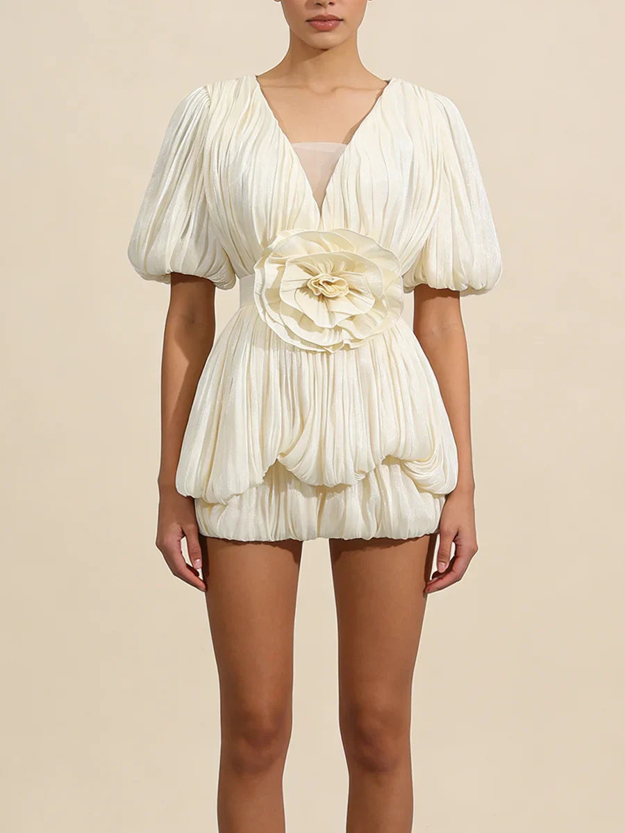 Ruched Deep V Neck Puff Sleeve 3D Flower Mini Dress
