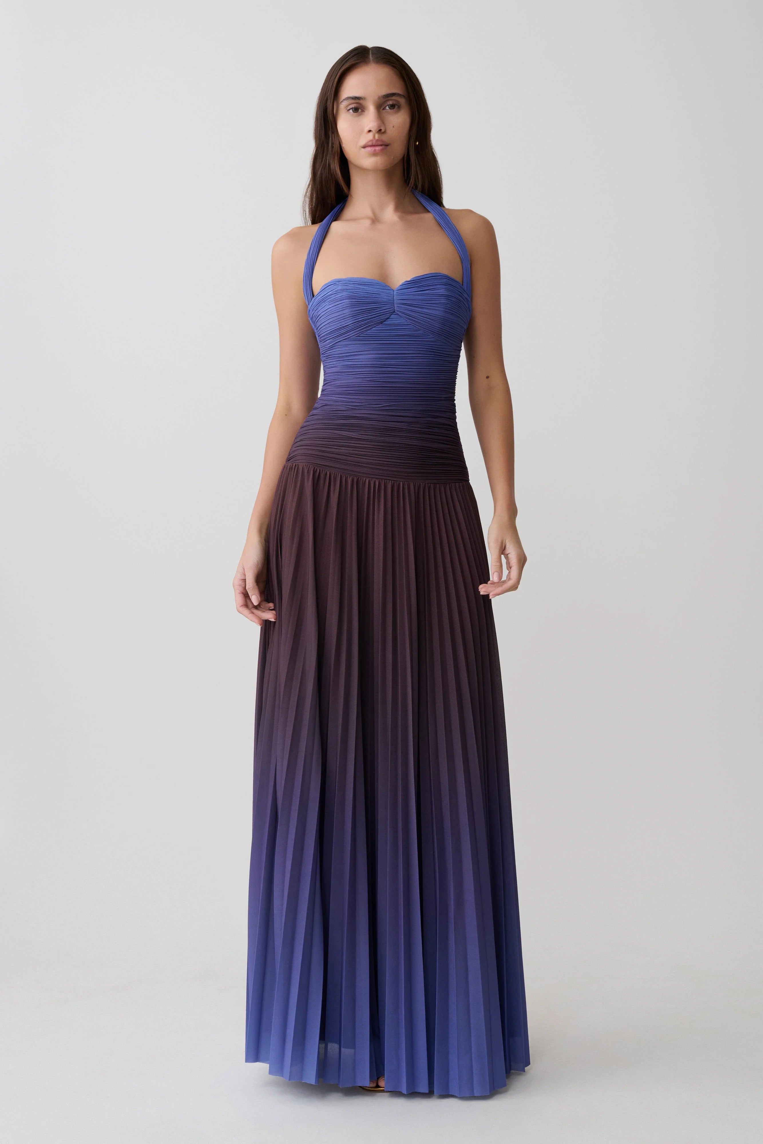Azizi Pleated Halter Midi Dress - Chocolate & Blue Ombre Print