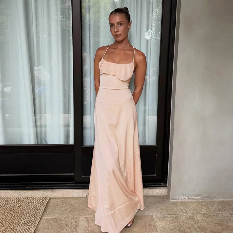 Pink Ruffle Back Tie Up Maxi Dress