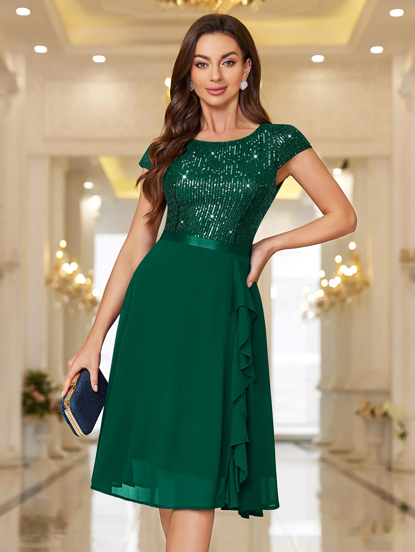 Sequin Lace Ruffle Trim Chiffon Cocktail Party Swing Dress for Weddings, Proms & Formal Events