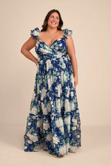 Soiree Perfection Navy Floral Ruffled Tiered Maxi Dress