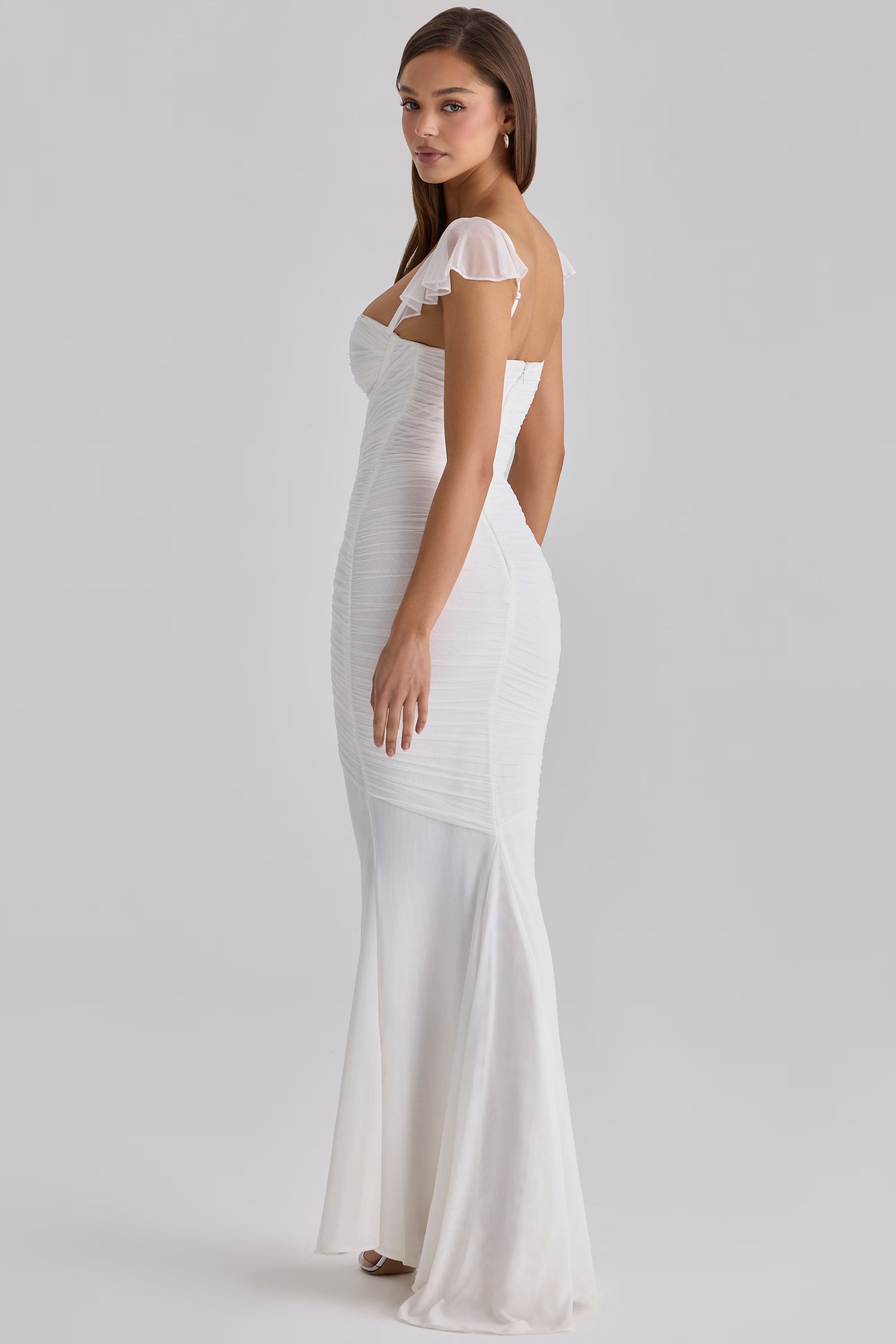 white gathered mesh maxi dress
