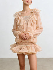 Ruffles Long Sleeve Mesh Mini Dress