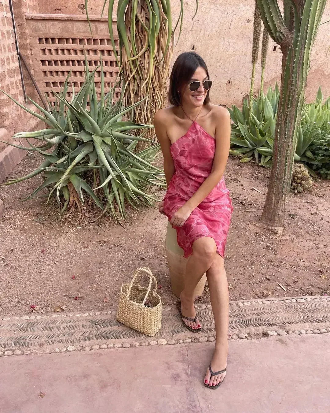 Rose Pink Print Halter Midi Dress
