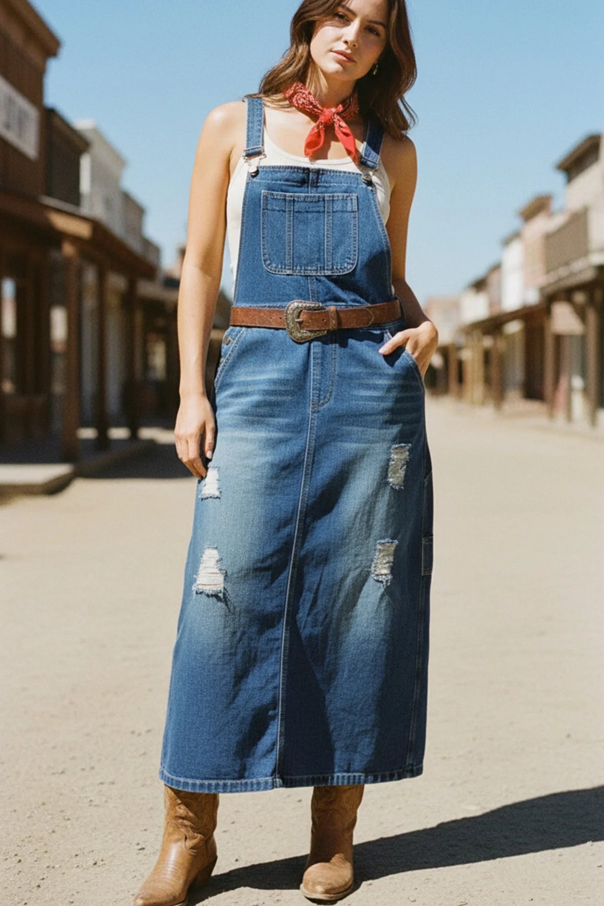 Distress Denim Overall Dress