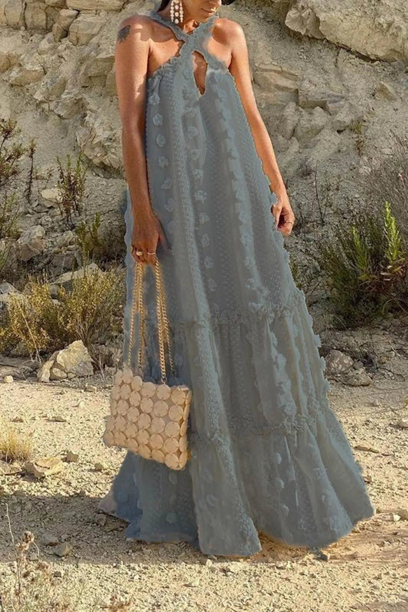 3D Floral Criss-cross Halterneck Maxi Dress
