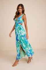 Elisanna Teal Multi Floral Lace-Up Midi Dress