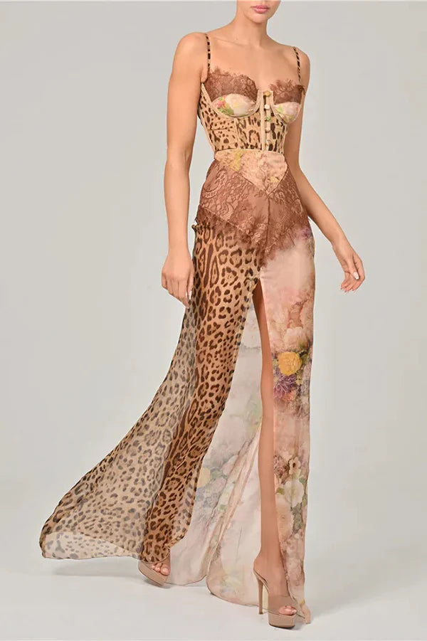 Chiffon Leopard Print Sexy Lace Splicing High Slit Slim Maxi Dress