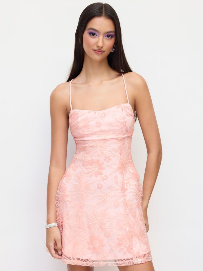 Sequin Floral Square Neck Backless Criss Cross Mini Dress