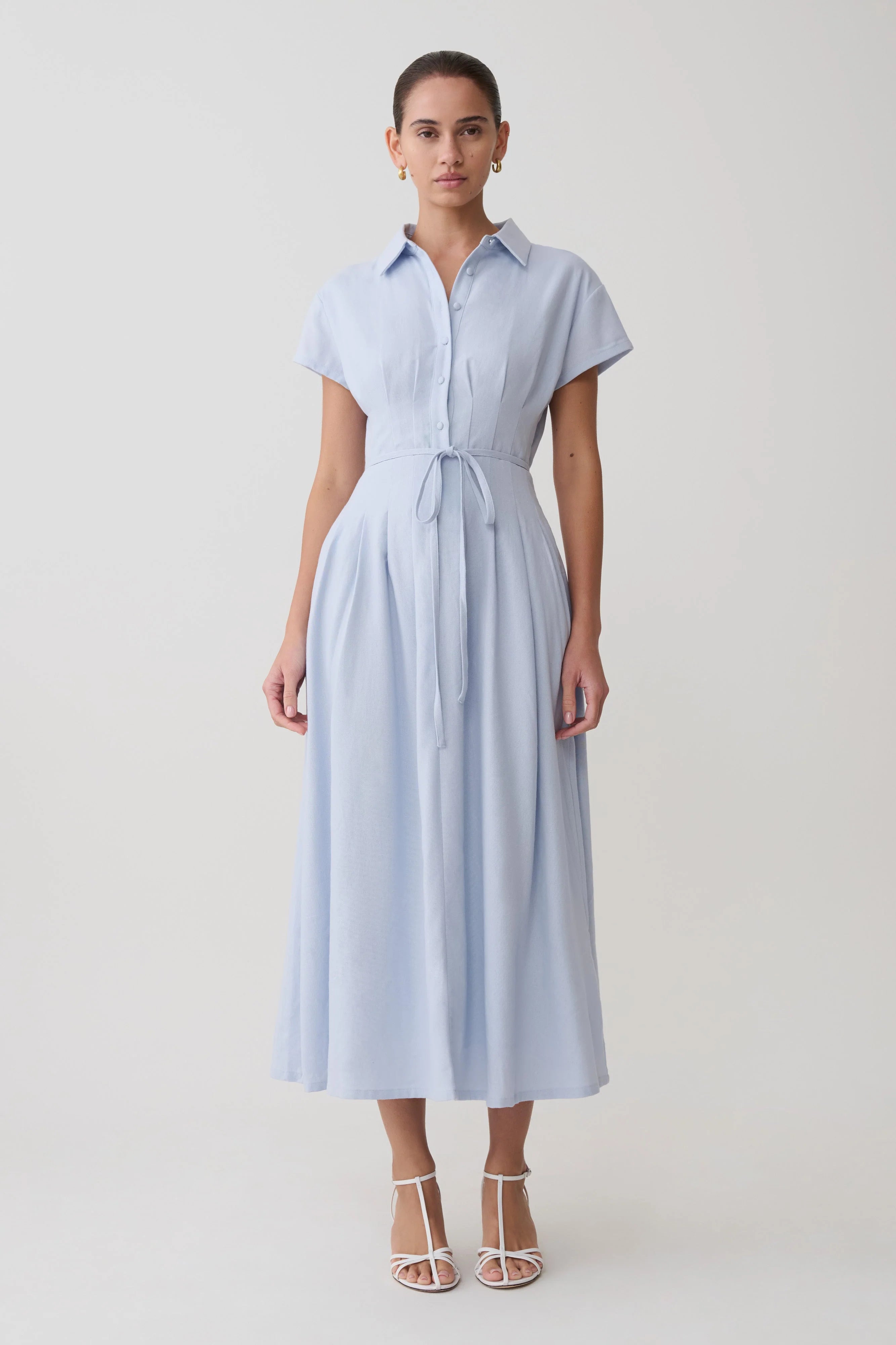 Aysha Buttoned Linen Midi Dress - Cornflower Blue