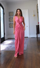 Rebel rose satin knotted v neck maxi dress