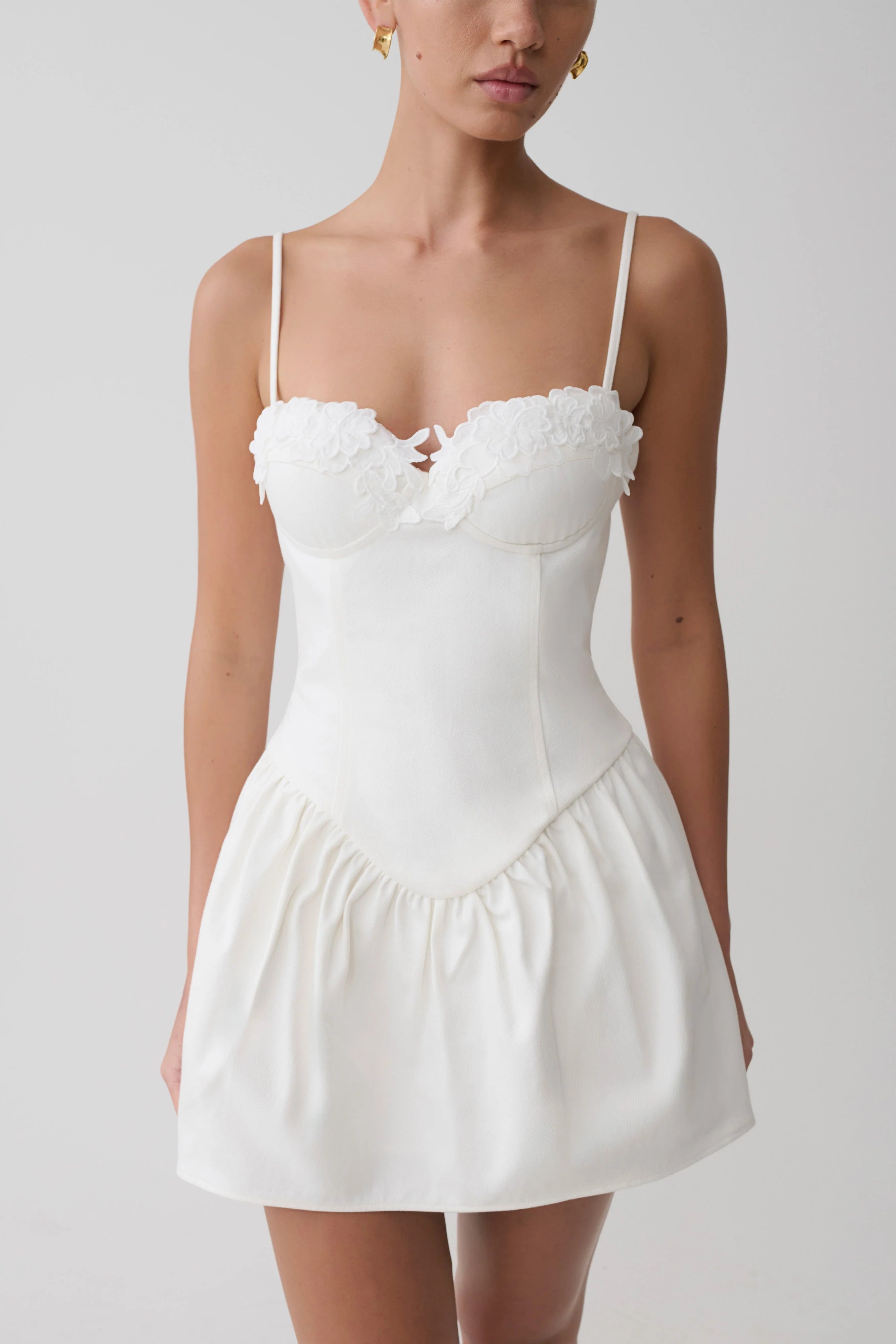 Emary Applique Denim Bustier Mini Dress - White