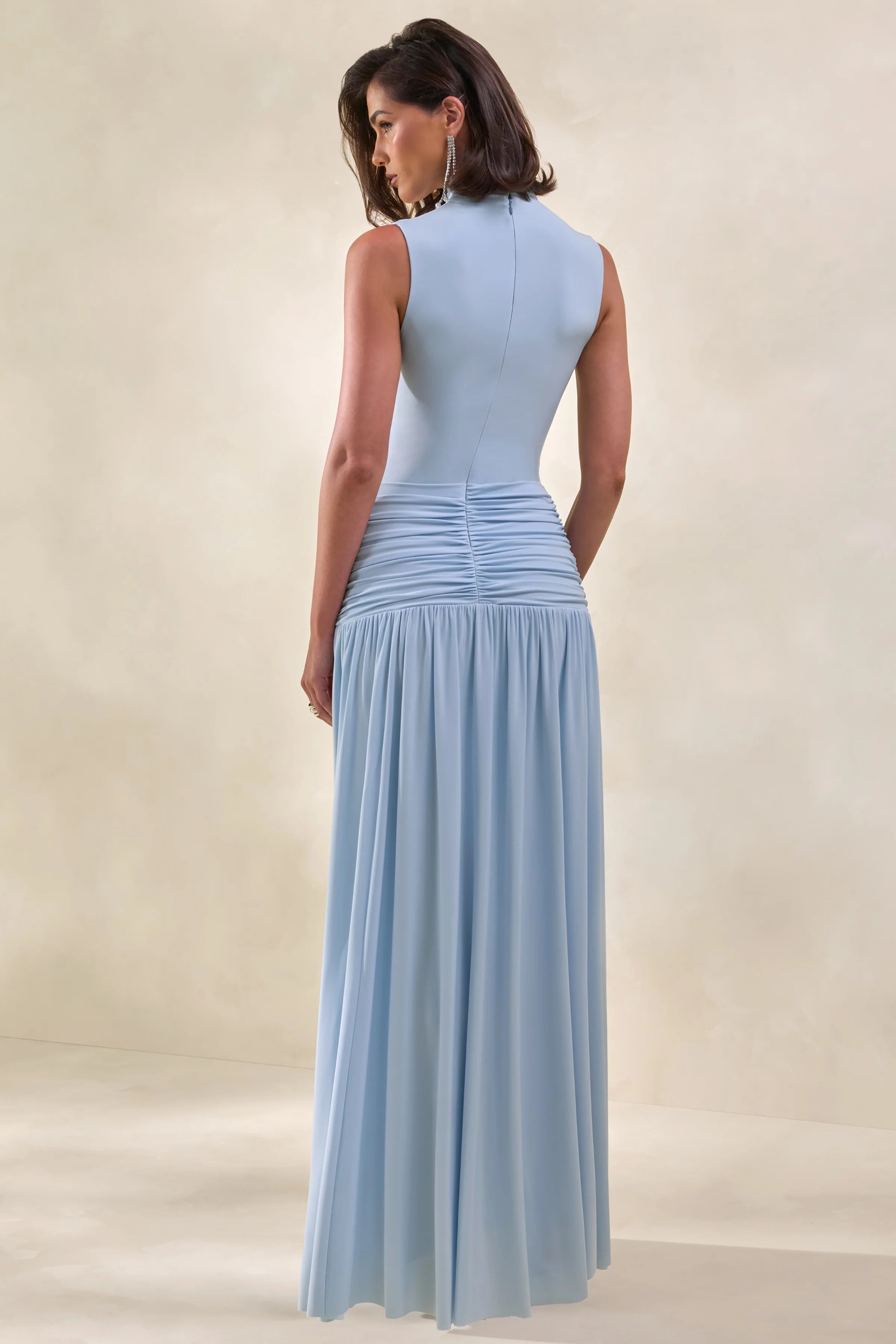 Glimora | Powder Blue High-Neck Maxi Dress With Ruched-Detailing