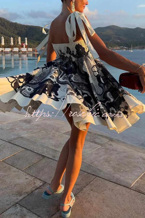 Unique Print Square Neck Spaghetti Strap Tie Full Hem Mini Dress