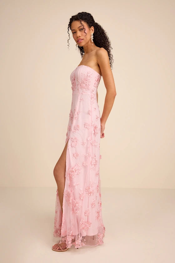 Rare Presence Blush 3D Floral Embroidered Maxi Dress