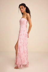 Rare Presence Blush 3D Floral Embroidered Maxi Dress