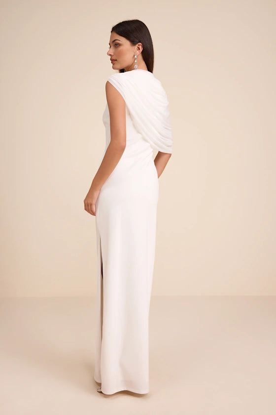Sutton White Asymmetrical Column Maxi Dress