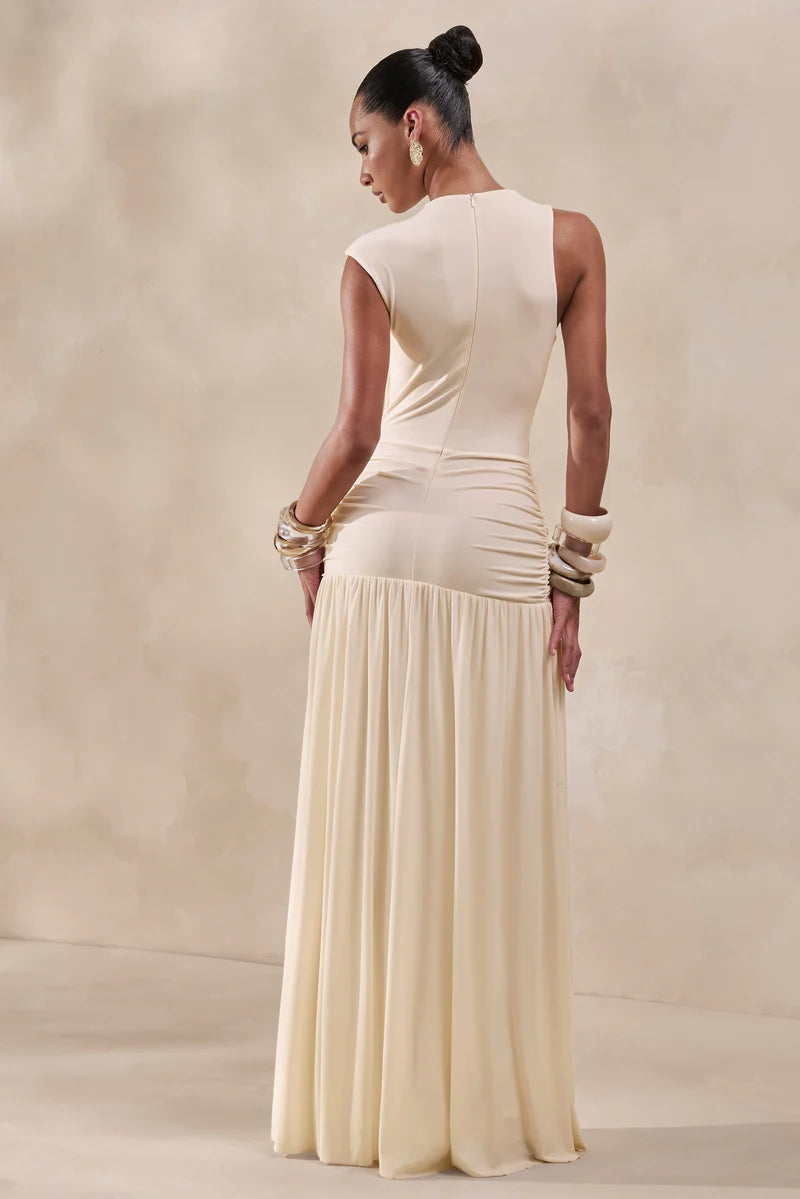 Cream High-Neck Maxi Dress Gathered-Detailing