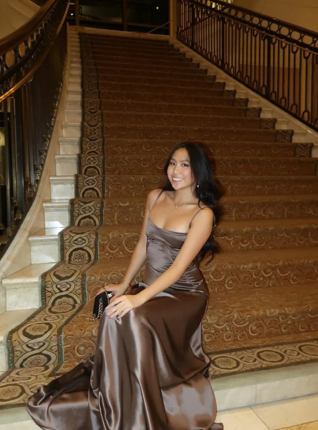 Simple Brown Spaghetti Straps A Line Prom Dress Party Dress SH1379