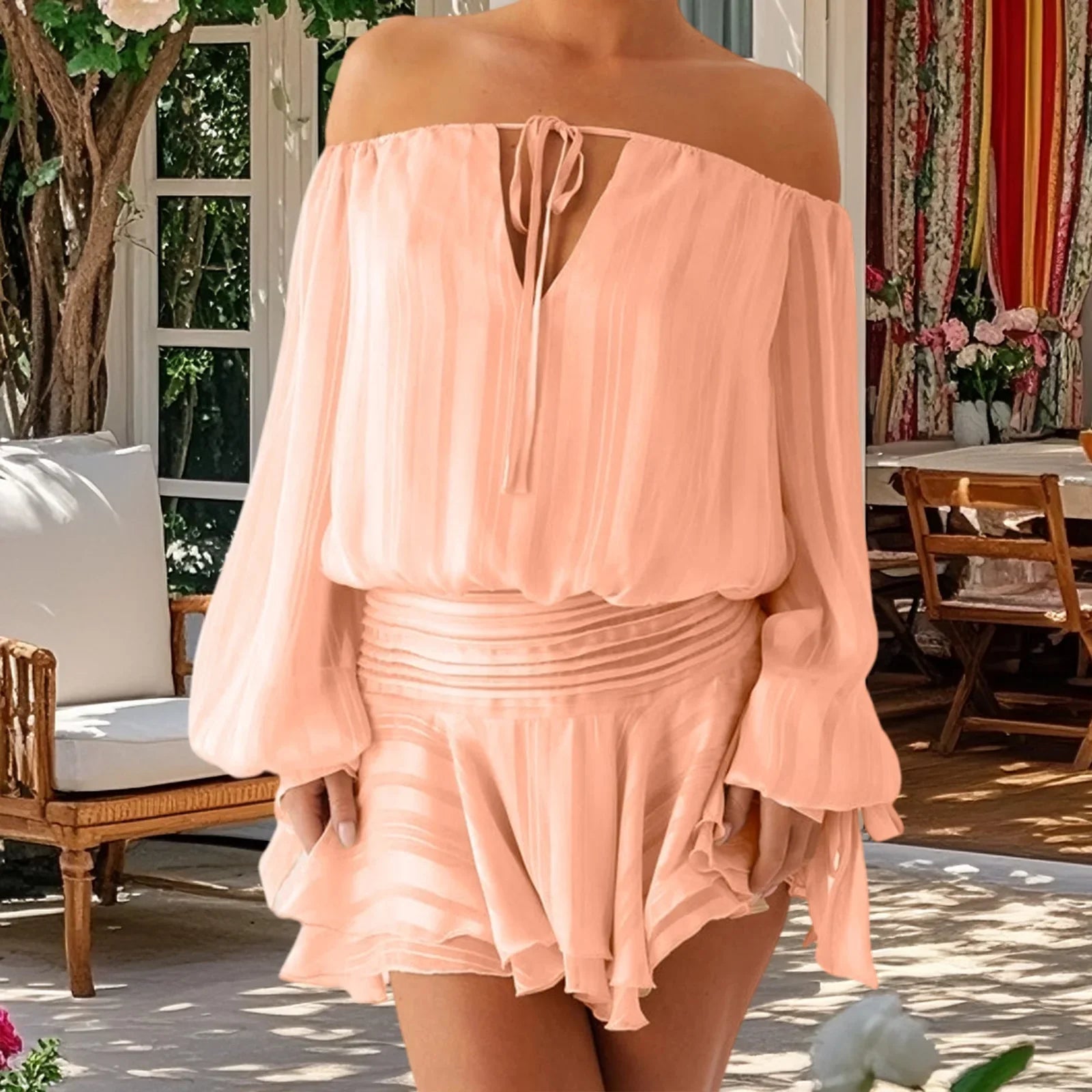 Ruffles Tie Up Off-Shoulder Long Sleeve Mini Dress