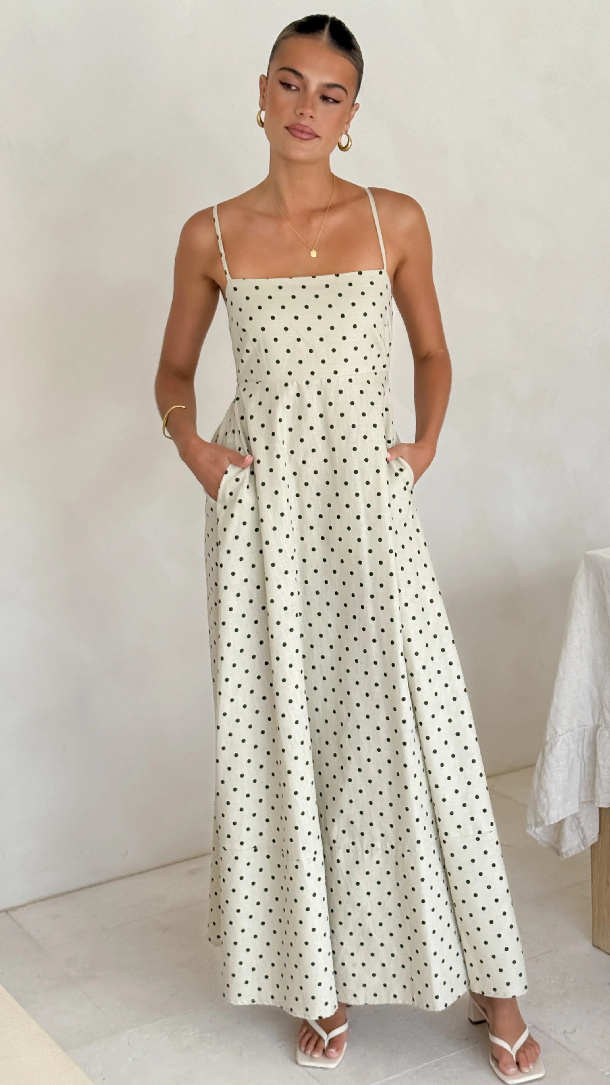 Nicole Spaghetti Strap Maxi Dress - Beige/Black Polka Dot