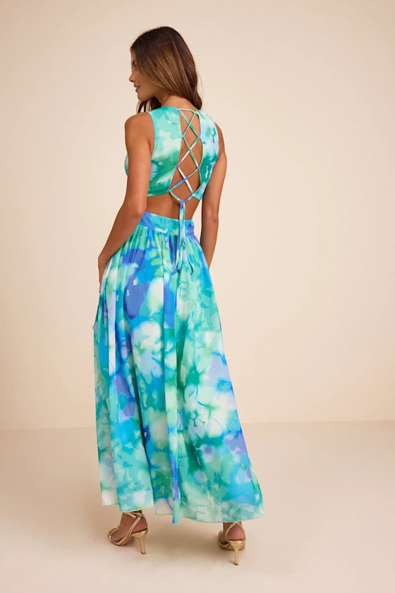 Elisanna Teal Multi Floral Lace-Up Midi Dress