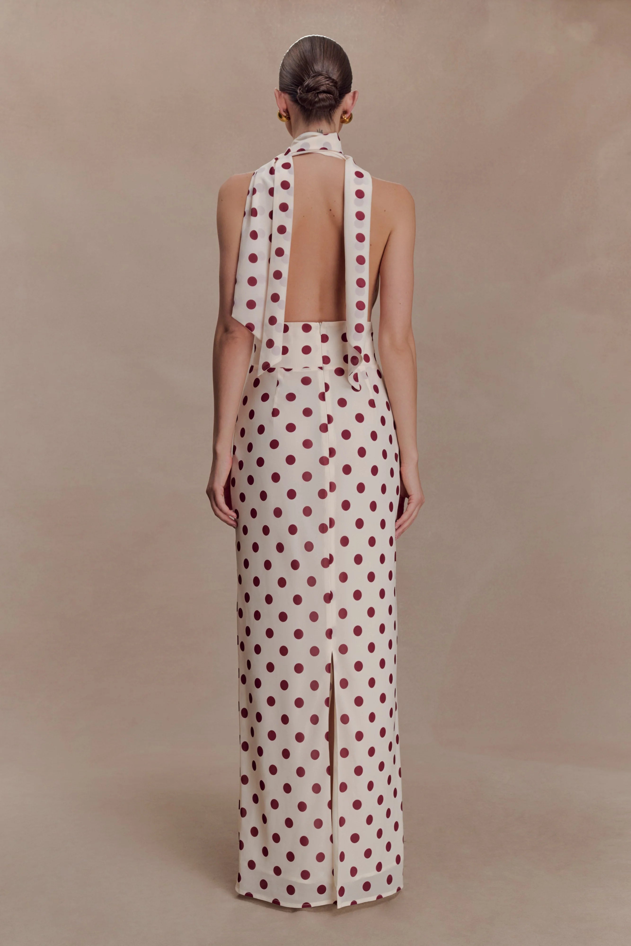 Nadine Halter Chiffon Maxi Dress - Ivory/Merlot Polka Dot