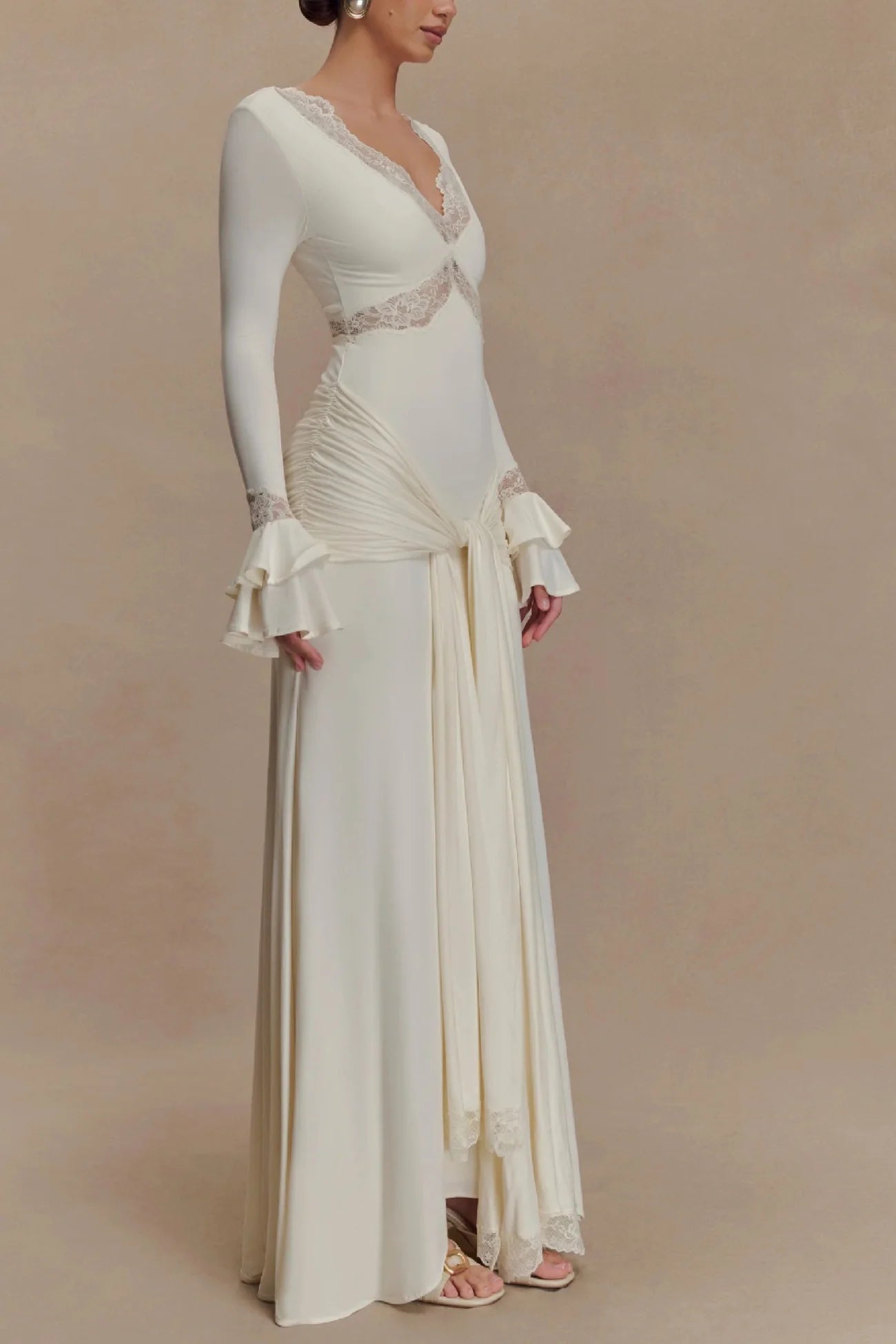 Lace Patchwork Flare Sleeve Tie-up Maxi Dress