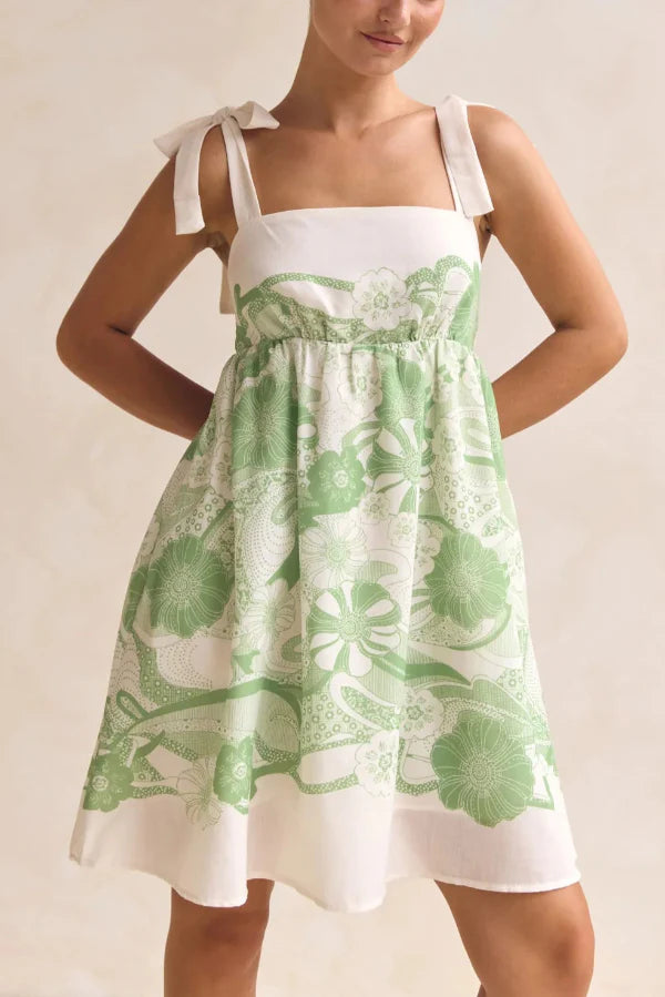 Unique Print Square Neck Spaghetti Strap Tie Full Hem Mini Dress