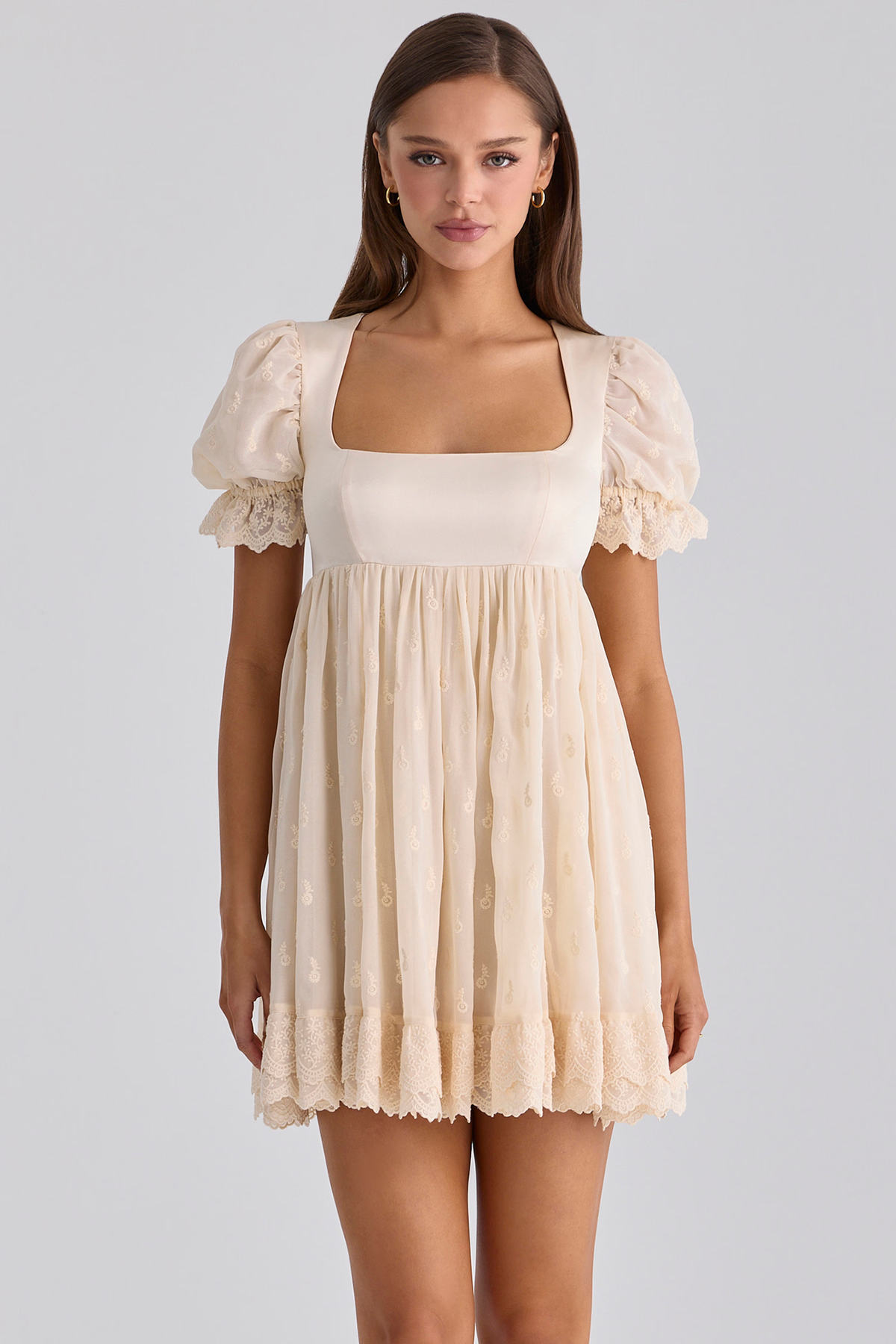 ivory satin + broderie anglaise lace regency babydoll mini dress