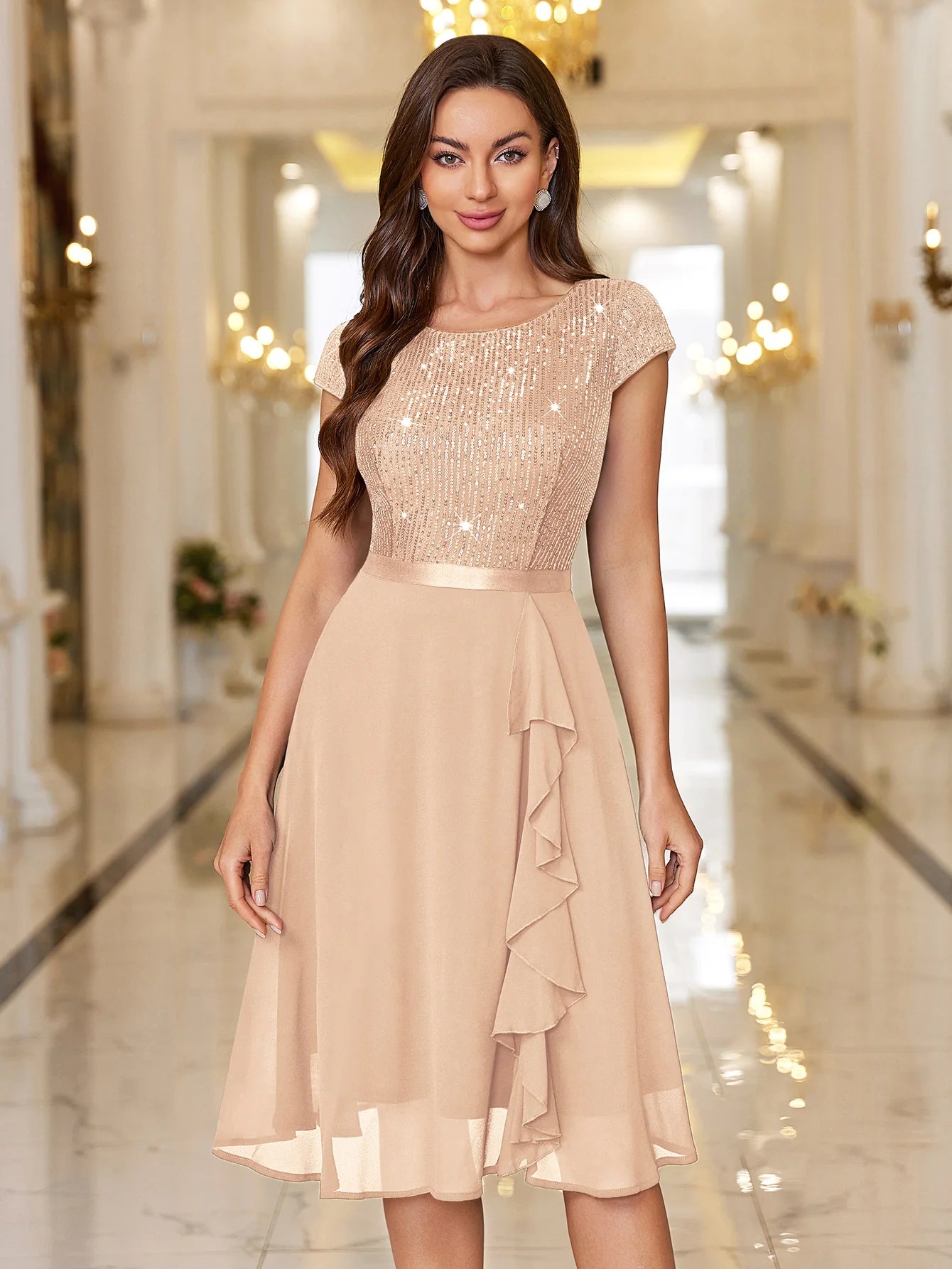 Sequin Lace Ruffle Trim Chiffon Cocktail Party Swing Dress for Weddings, Proms & Formal Events