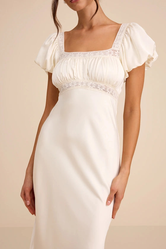 Catherine Ivory Satin Puff Sleeve Slip Midi Dress