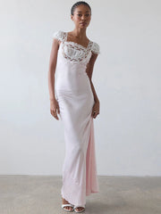 Lace Trim Short Sleeve Satin Maxi Dress