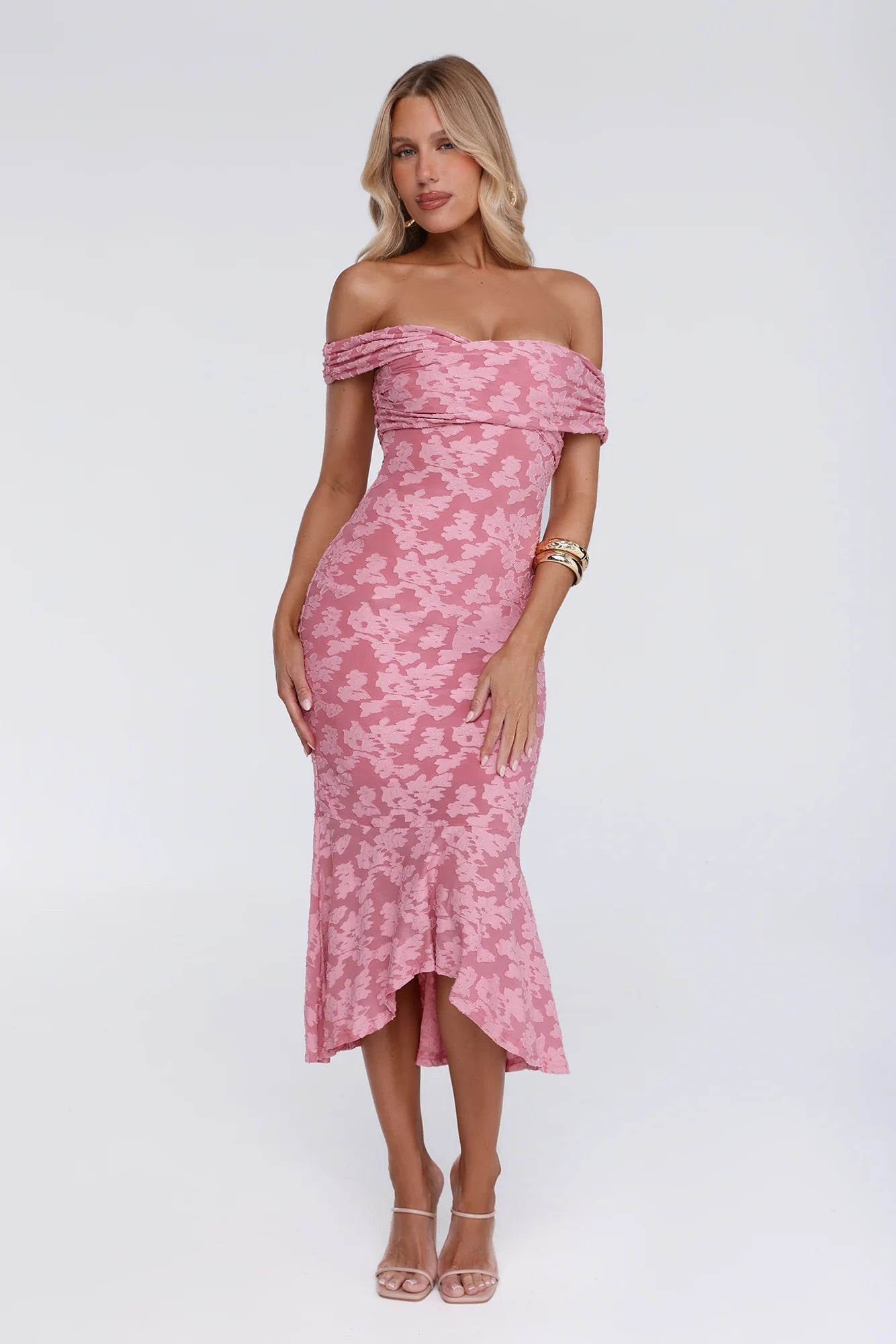Botanical Embrace Off Shoulder Midi Dress Rose