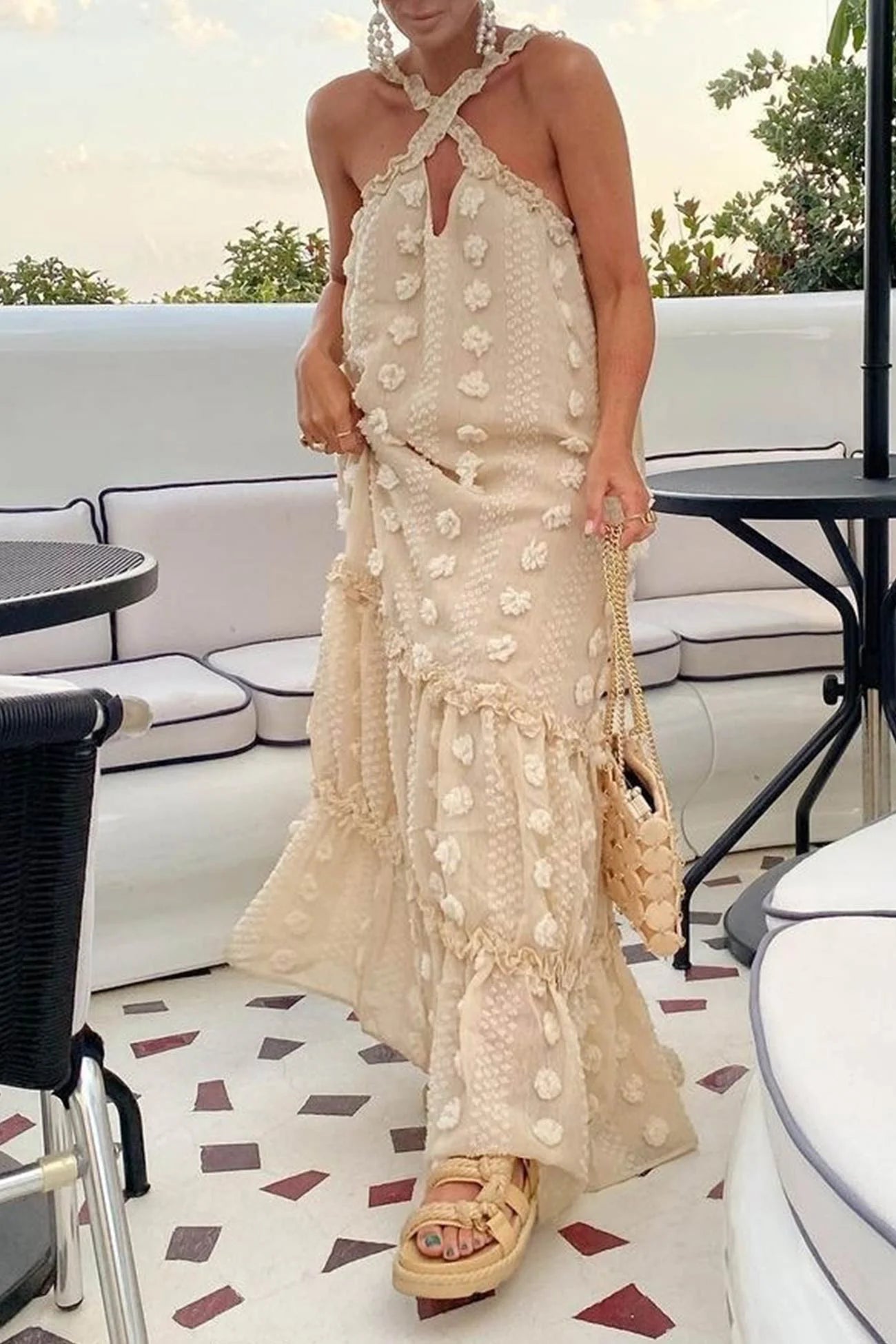 3D Floral Criss-cross Halterneck Maxi Dress