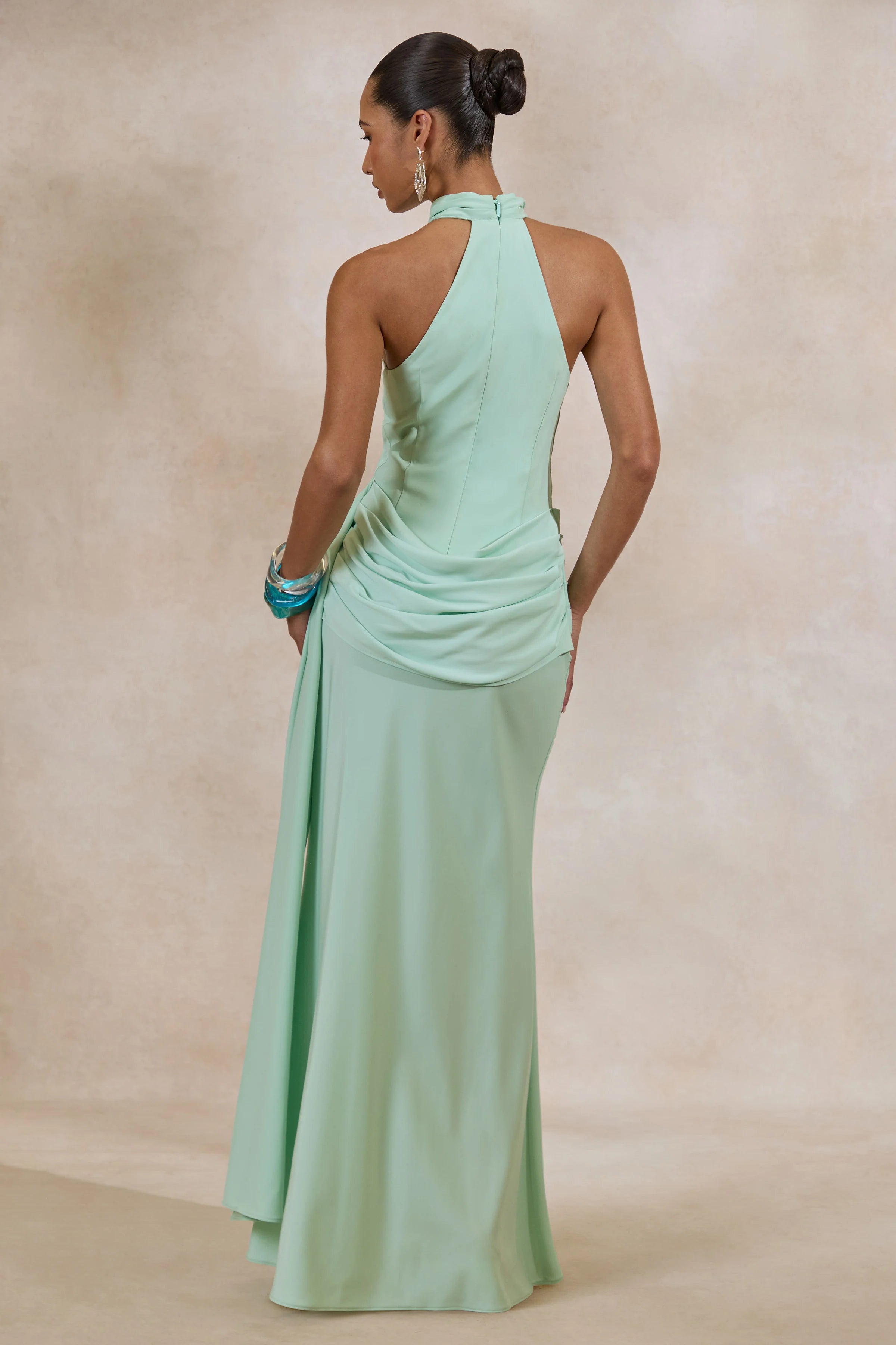Aevina | Mint Satin Asymmetric-Neck Maxi Dress With Scarf-Detail