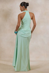 Aevina | Mint Satin Asymmetric-Neck Maxi Dress With Scarf-Detail