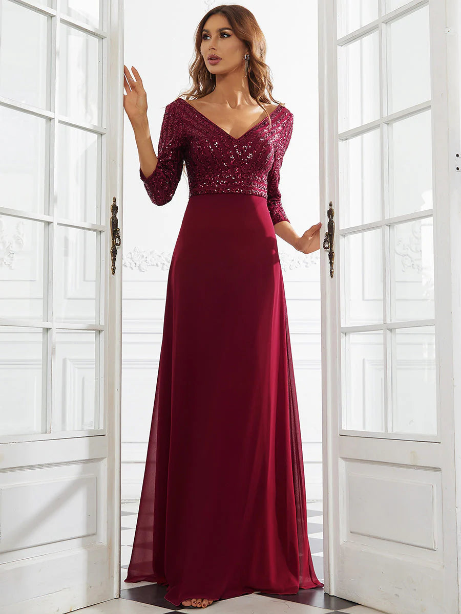 Sexy V Neck A-Line Sequin Wholesale Evening Dresses With 3/4 Sleeve
