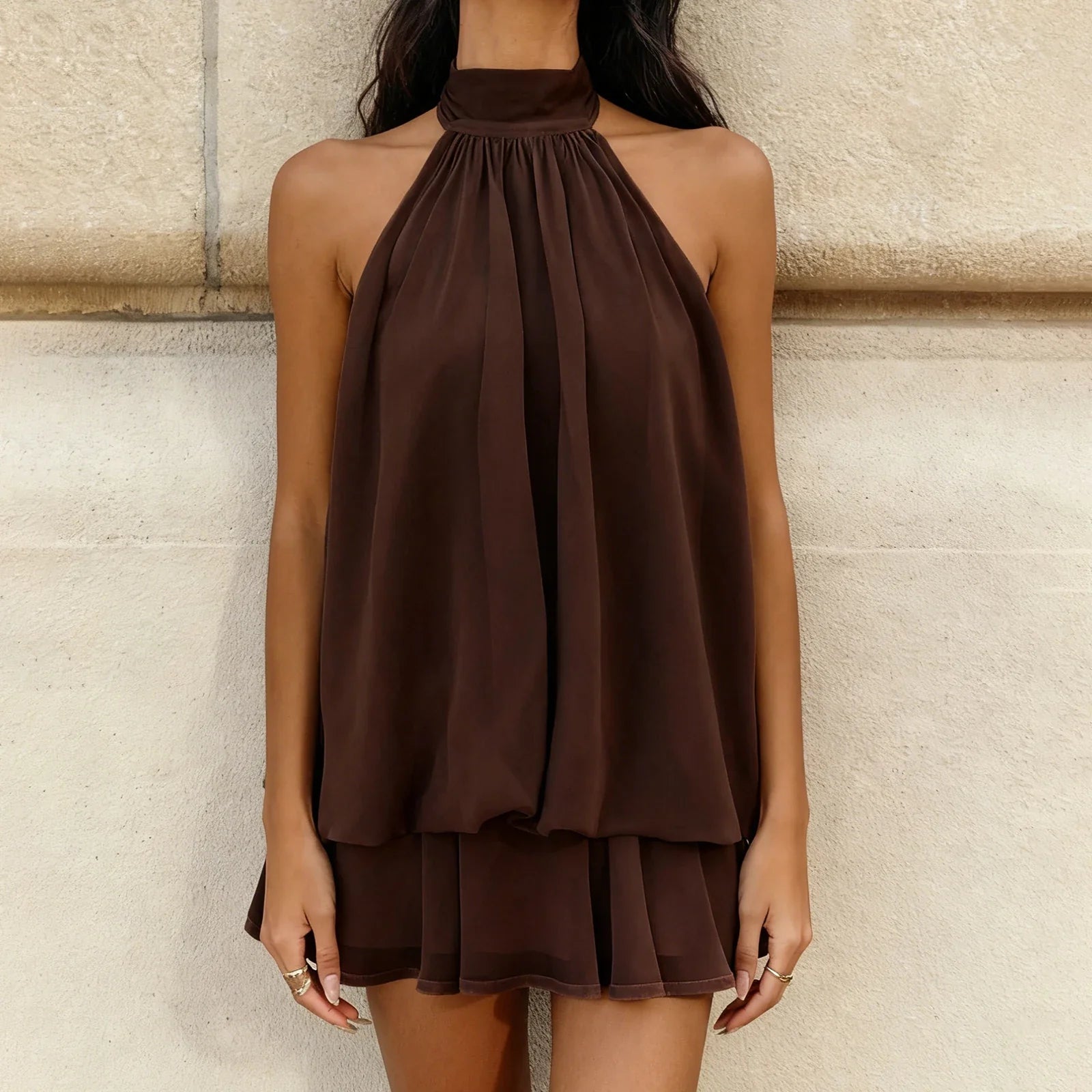 Tiered Ruffle Open Back Tie Detail Halter Mini Dress
