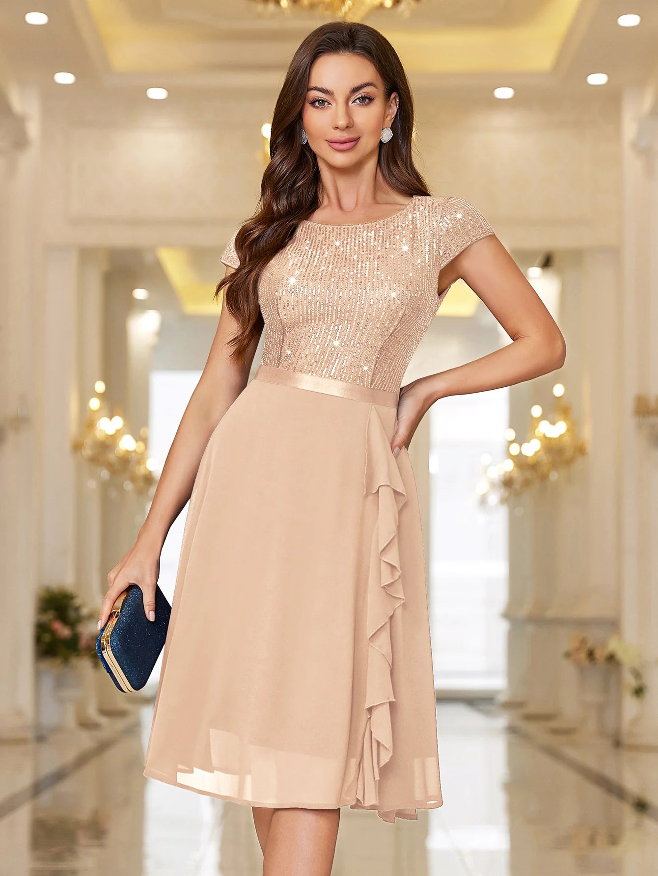 Sequin Lace Ruffle Trim Chiffon Cocktail Party Swing Dress for Weddings, Proms & Formal Events
