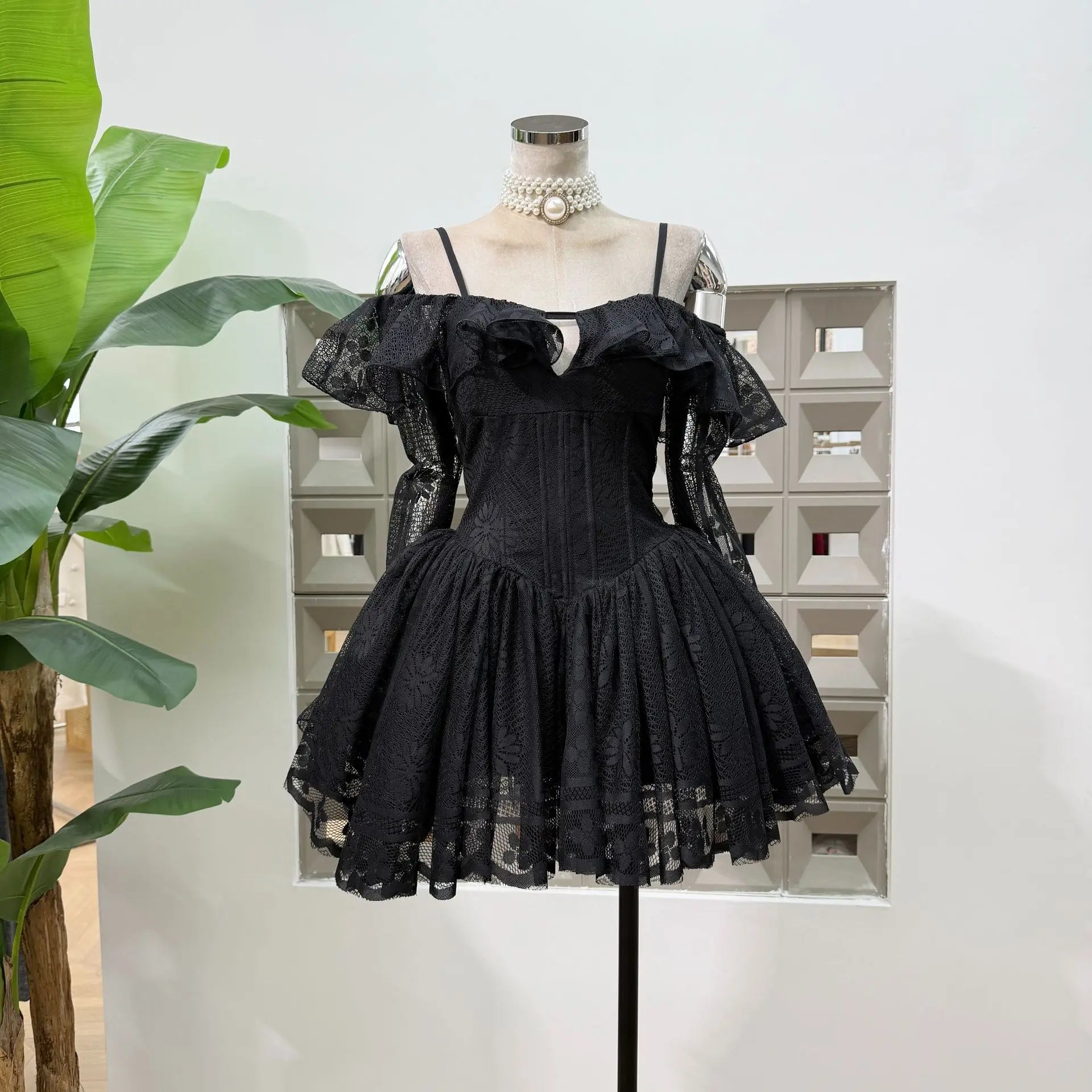 Off Shoulder Lace Corset Flared Mini Dress