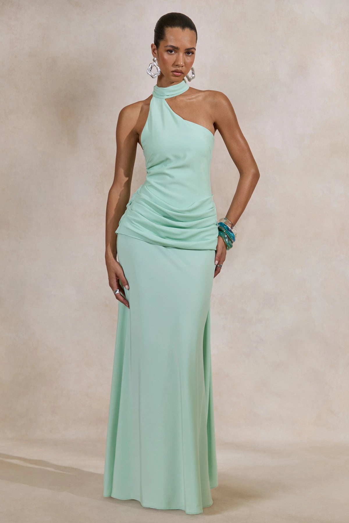 Aevina | Mint Satin Asymmetric-Neck Maxi Dress With Scarf-Detail