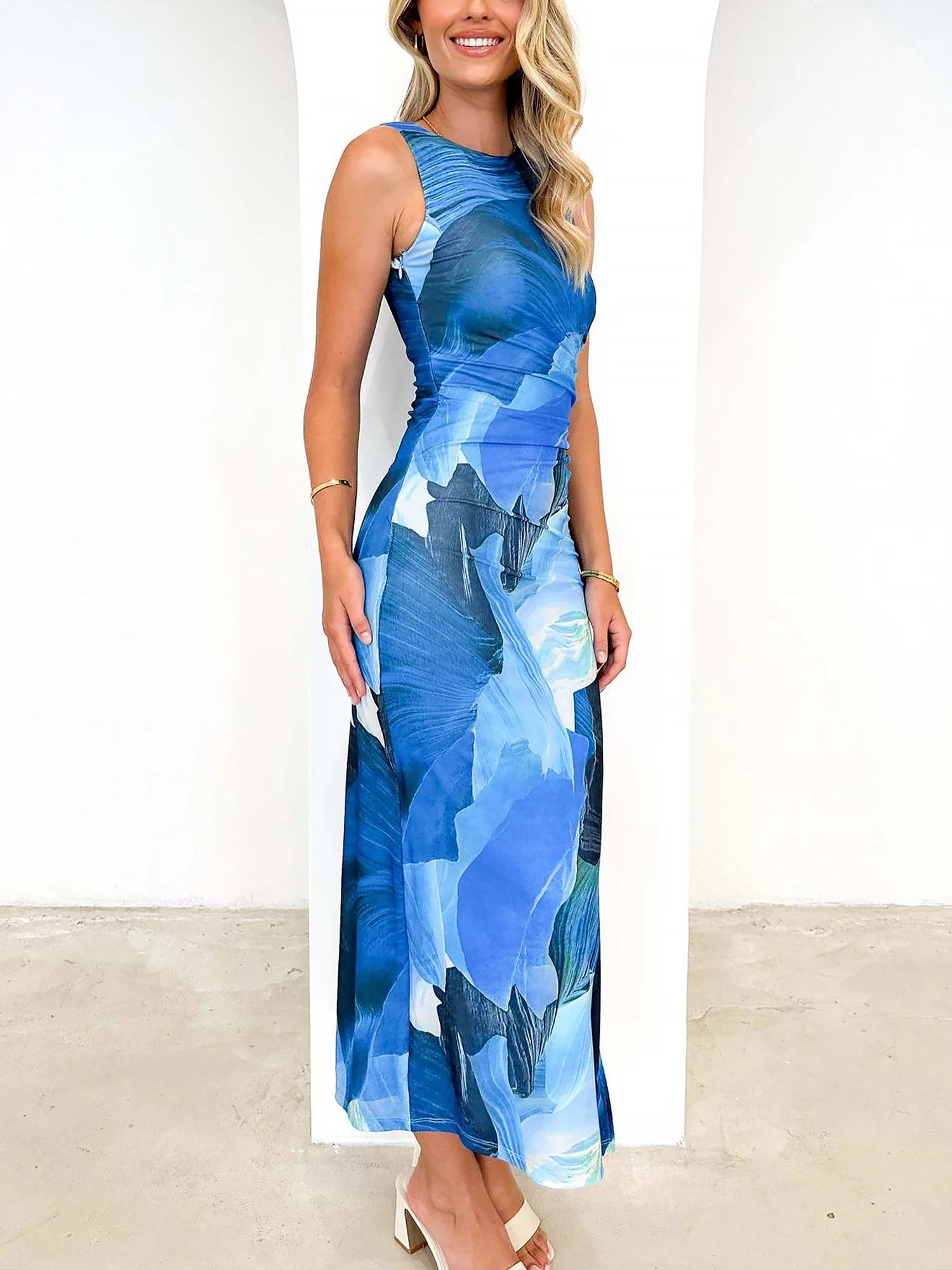 Lightweight Summer Floral Printed Mesh Sleeveless Slit Bodycon Maxi Dress for Beach Parties