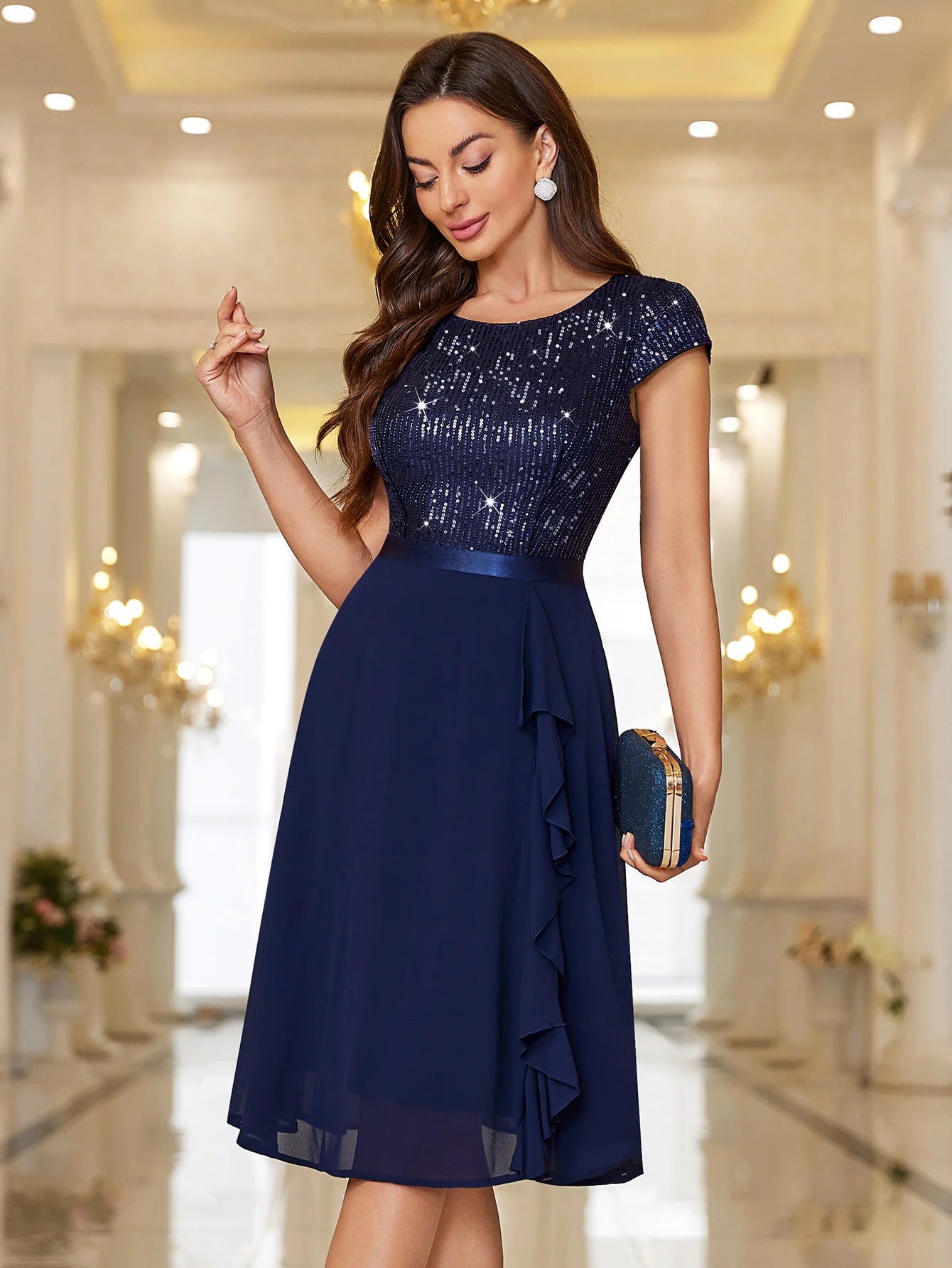 Sequin Lace Ruffle Trim Chiffon Cocktail Party Swing Dress for Weddings, Proms & Formal Events