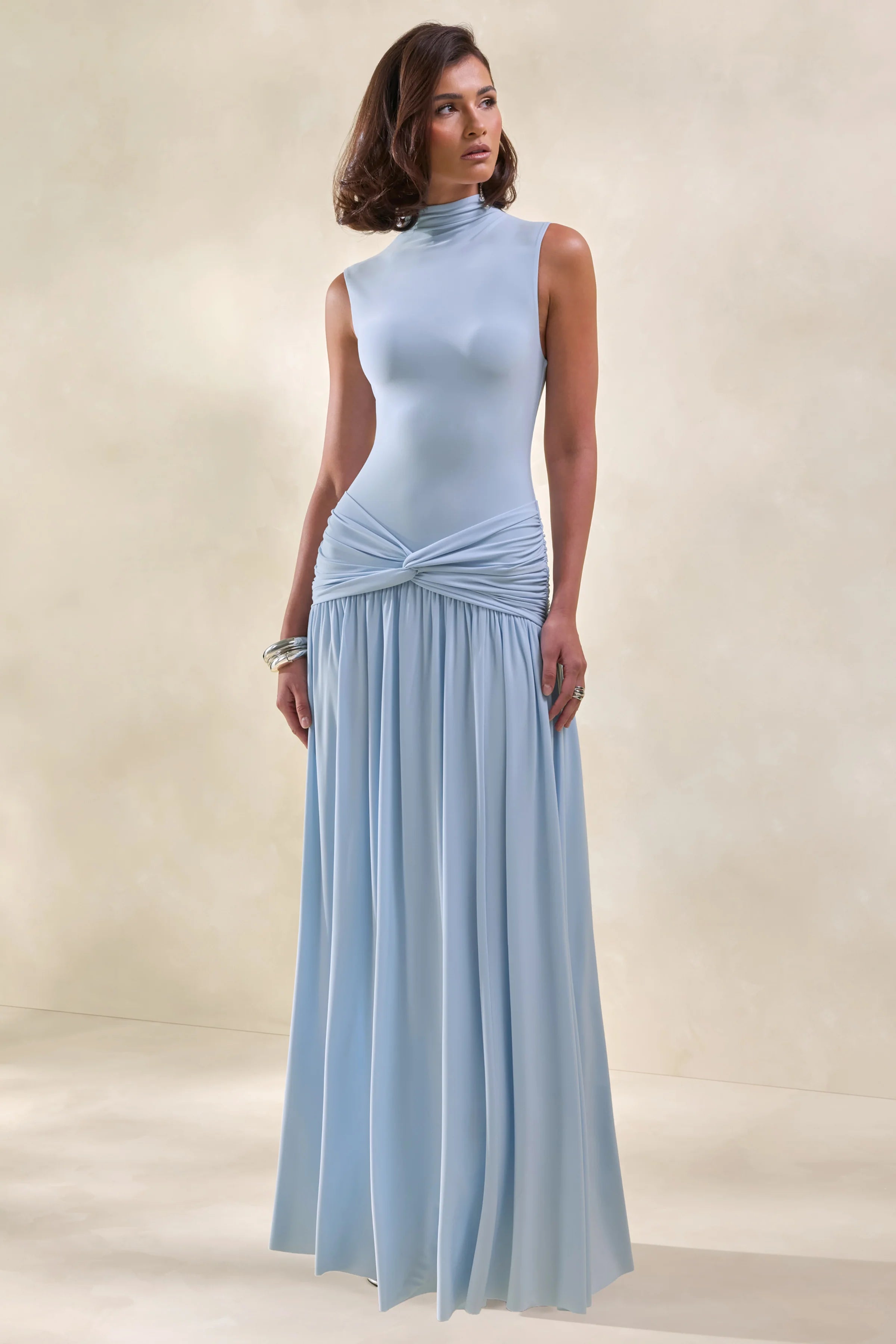 Glimora | Powder Blue High-Neck Maxi Dress With Ruched-Detailing