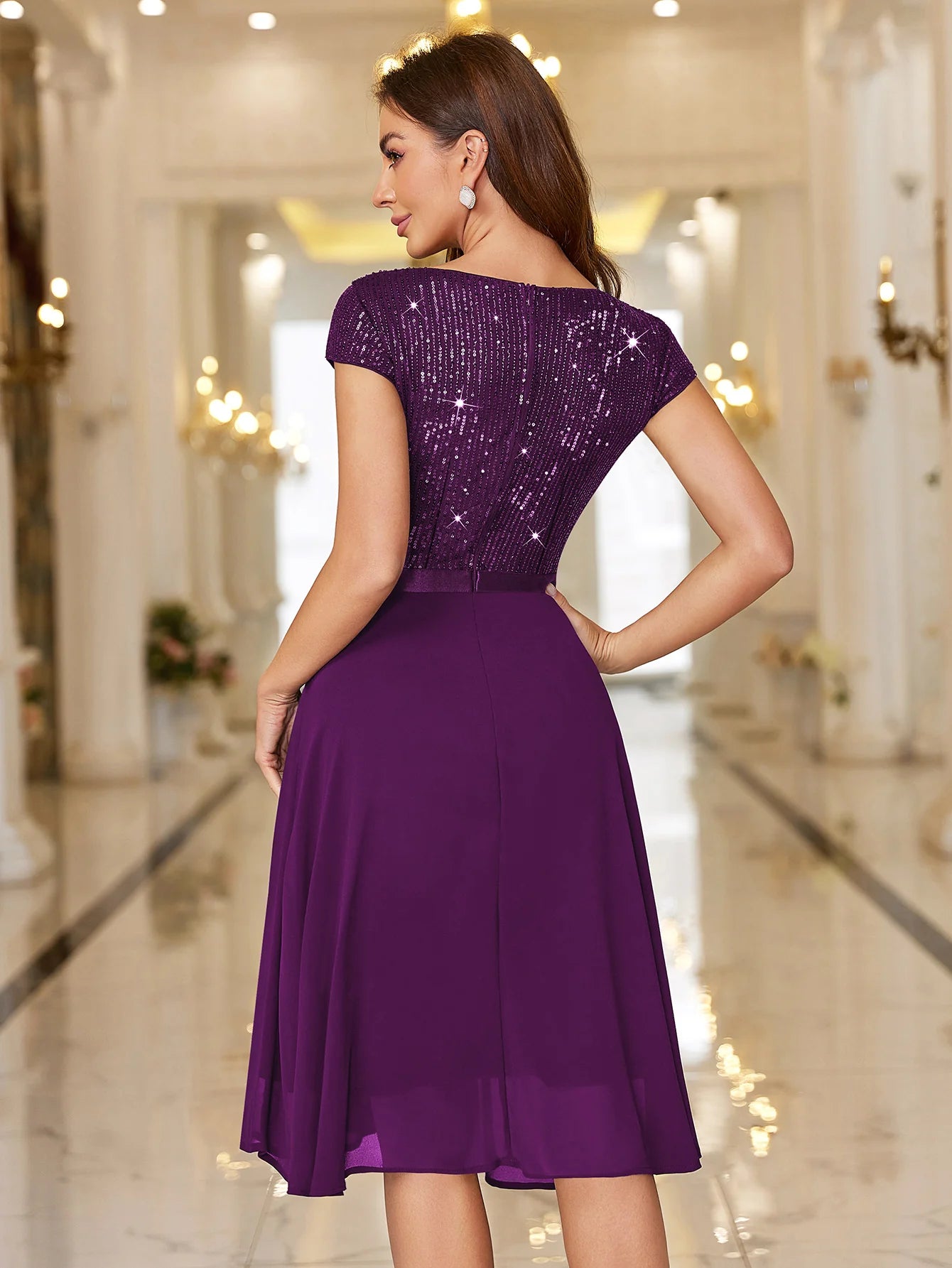 Sequin Lace Ruffle Trim Chiffon Cocktail Party Swing Dress for Weddings, Proms & Formal Events